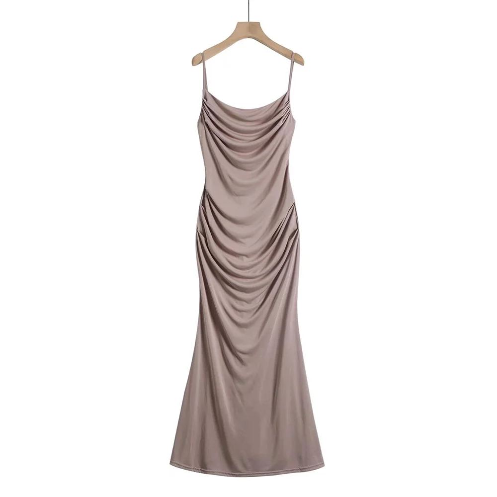 Ueong Fashion Women's Dress In Summer French Style Pure Wind Suspender Pleated Micro-Elastic Body-Fitting Hip Dress Fishtail Dress