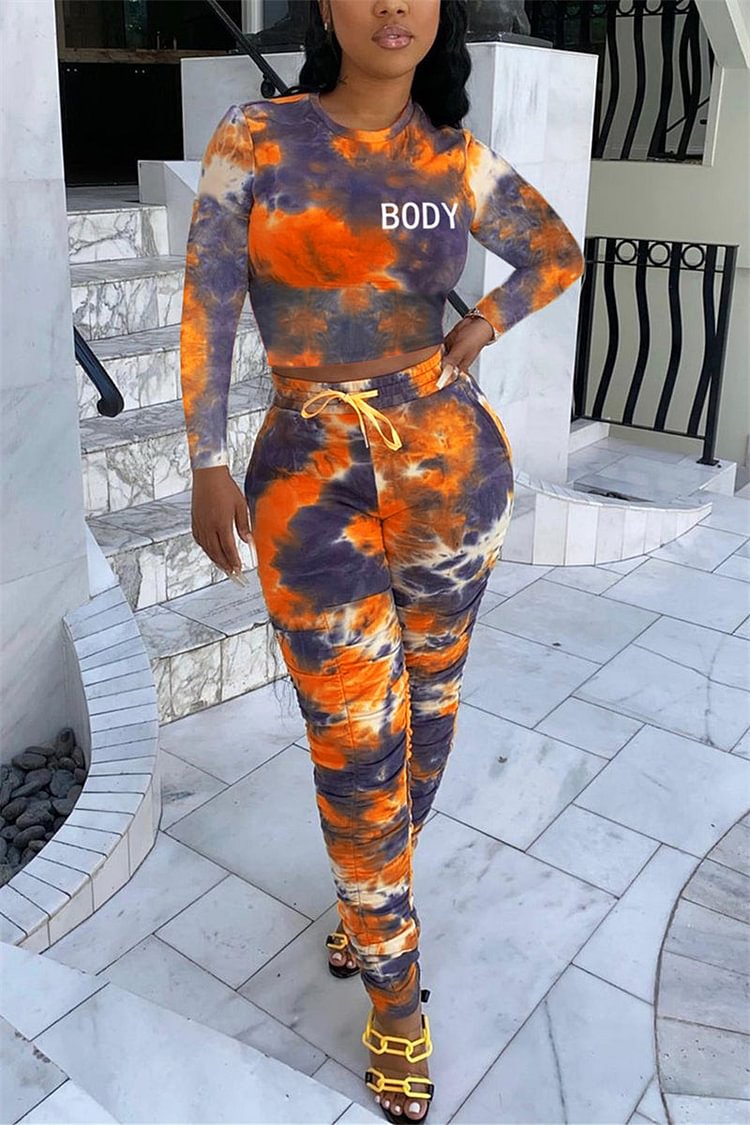 Fashion Casual Long Sleeve O Neck Regular Sleeve Short Print Tie Dye Two Pieces - Shop Trendy Women's Clothing | LoverChic