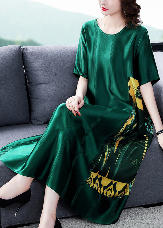 VCSHOES Loose Blackish Green O Neck Print Silk Long Dress Summer