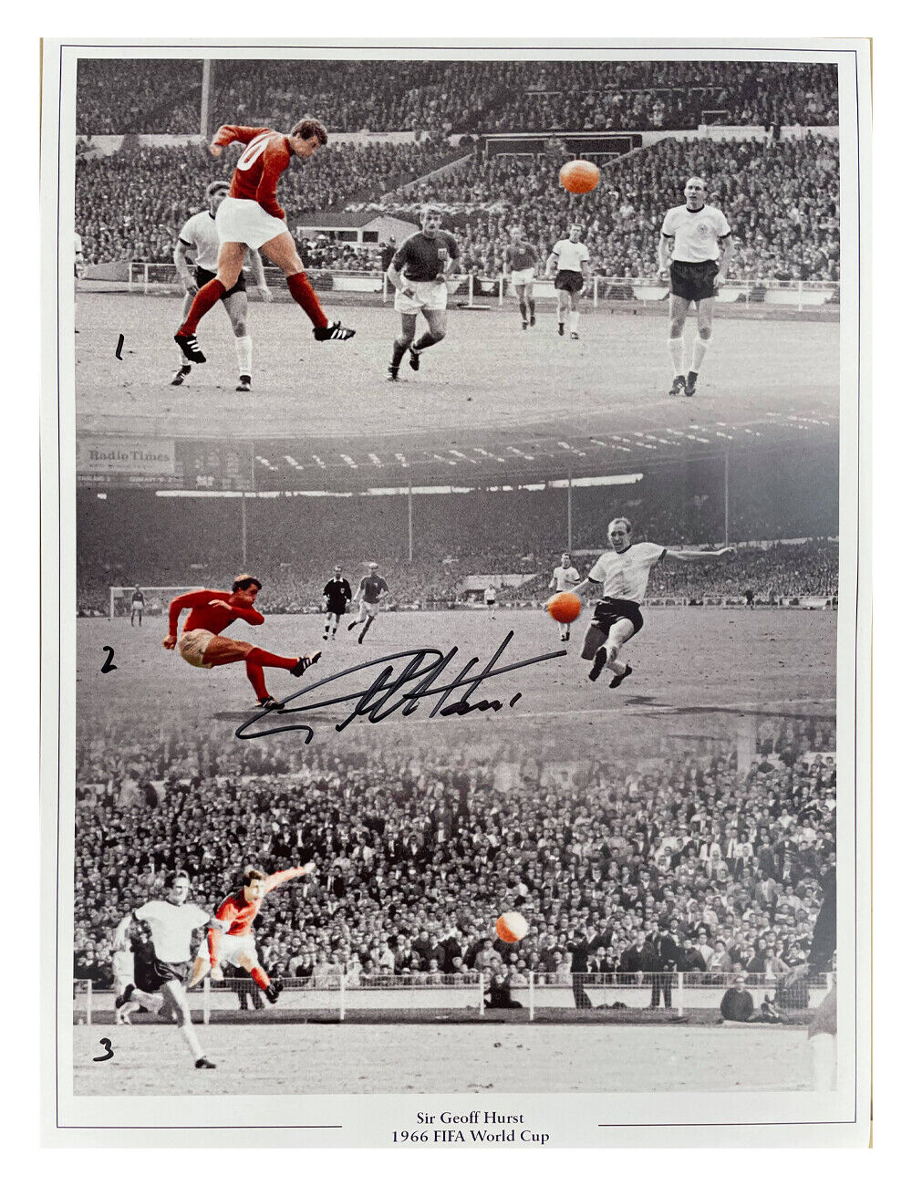 A3 1966 World Cup Hat Trick Photo Poster painting 1-2-3 Signed By Sir Geoff Hurst 100% With COA