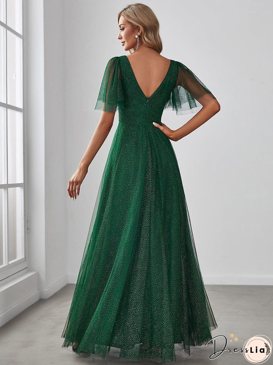 Elegant Golden Stamped Ruffle Sleeve Evening Gown