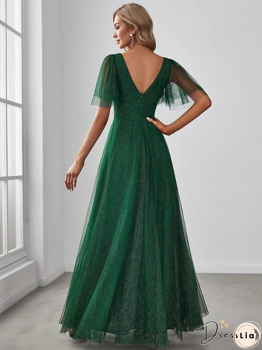 Elegant Golden Stamped Ruffle Sleeve Evening Gown