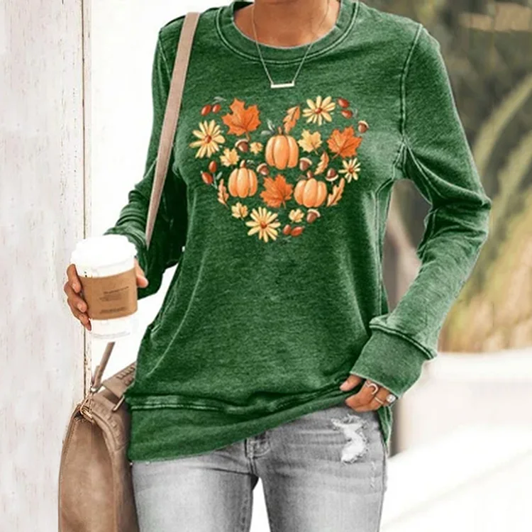 Women's Thanksgiving Autumn Leaves Heart Print Sweatshirt