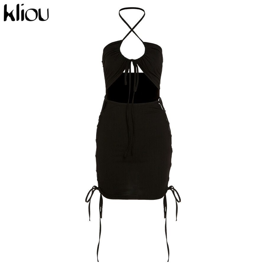Kliou Bandage Hollow Out Neck-Mounted Women Sexy Club Mini Dress Elastic Fashion Solid Skinny Dresses Hipster Streetwear Outfits