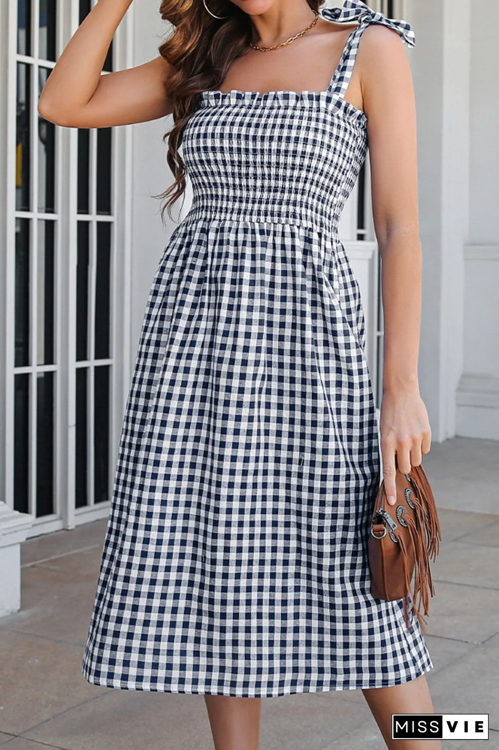 Plaid Print Sleeveless Midi Dress Wholesale
