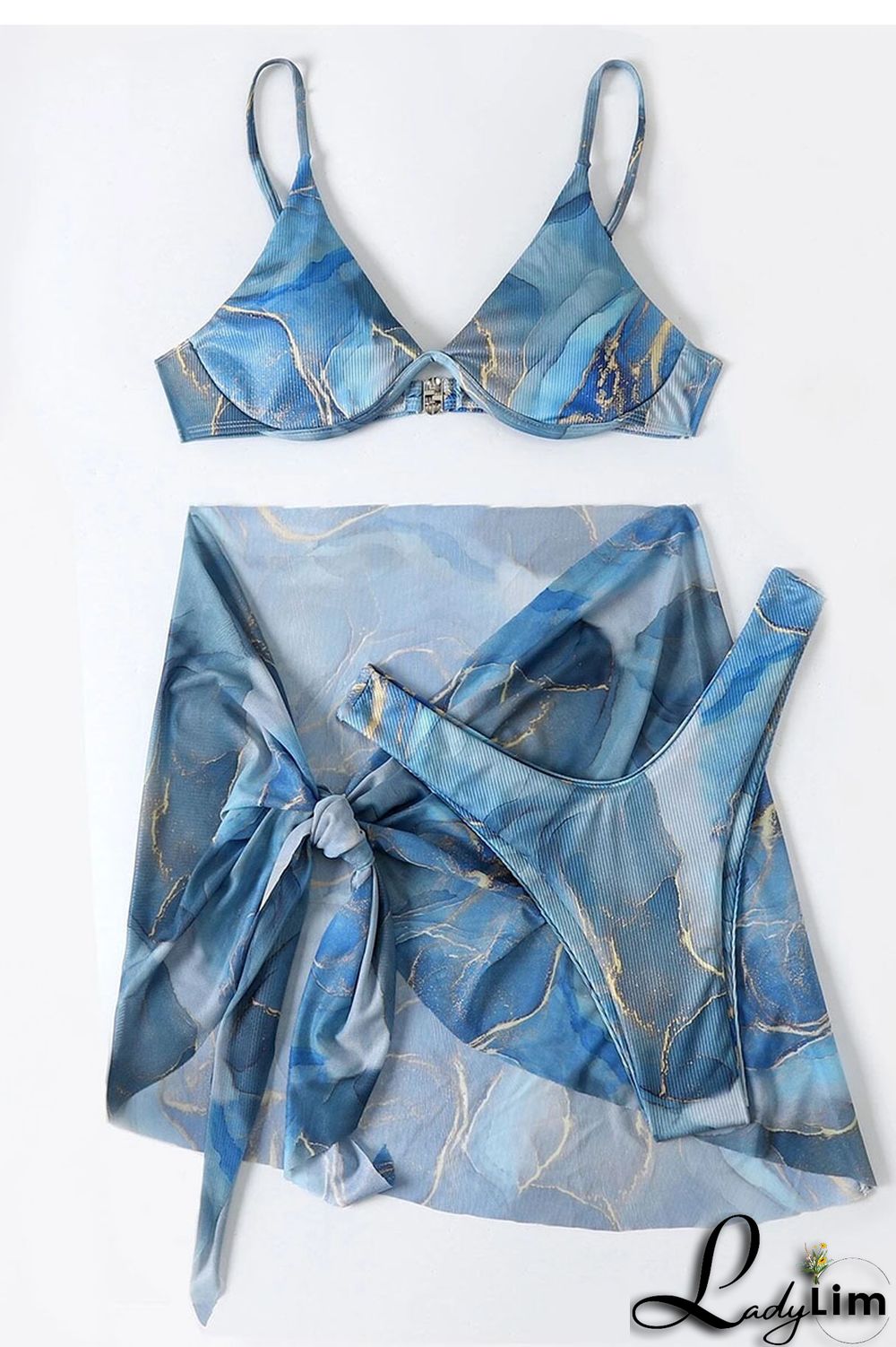 Ink Green Sexy Print Bandage Patchwork Asymmetrical 3 Piece Sets