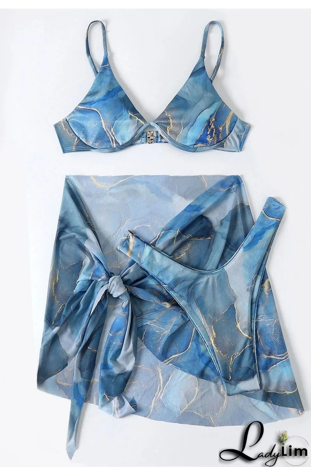 Ink Green Sexy Print Bandage Patchwork Asymmetrical 3 Piece Sets