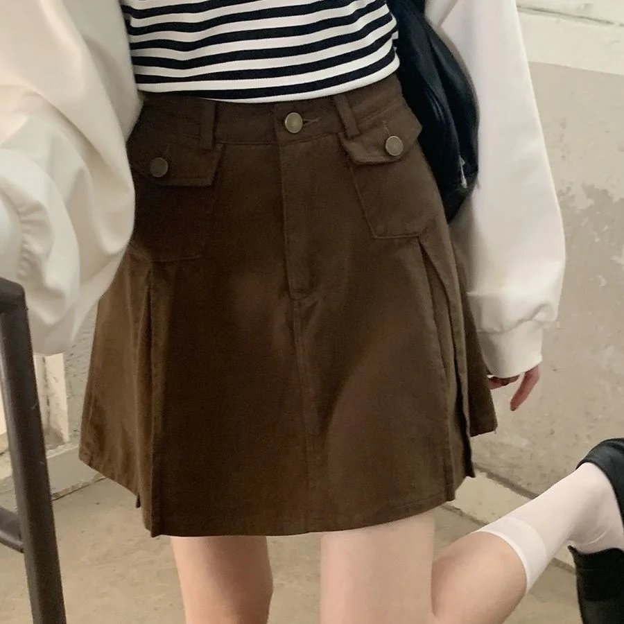 HOUZHOU Vintage Brown Pleated Skirt Women Cute Preppy Style High Waist A-line Denim Mini Skirt for Girls Korean Fashion Casual