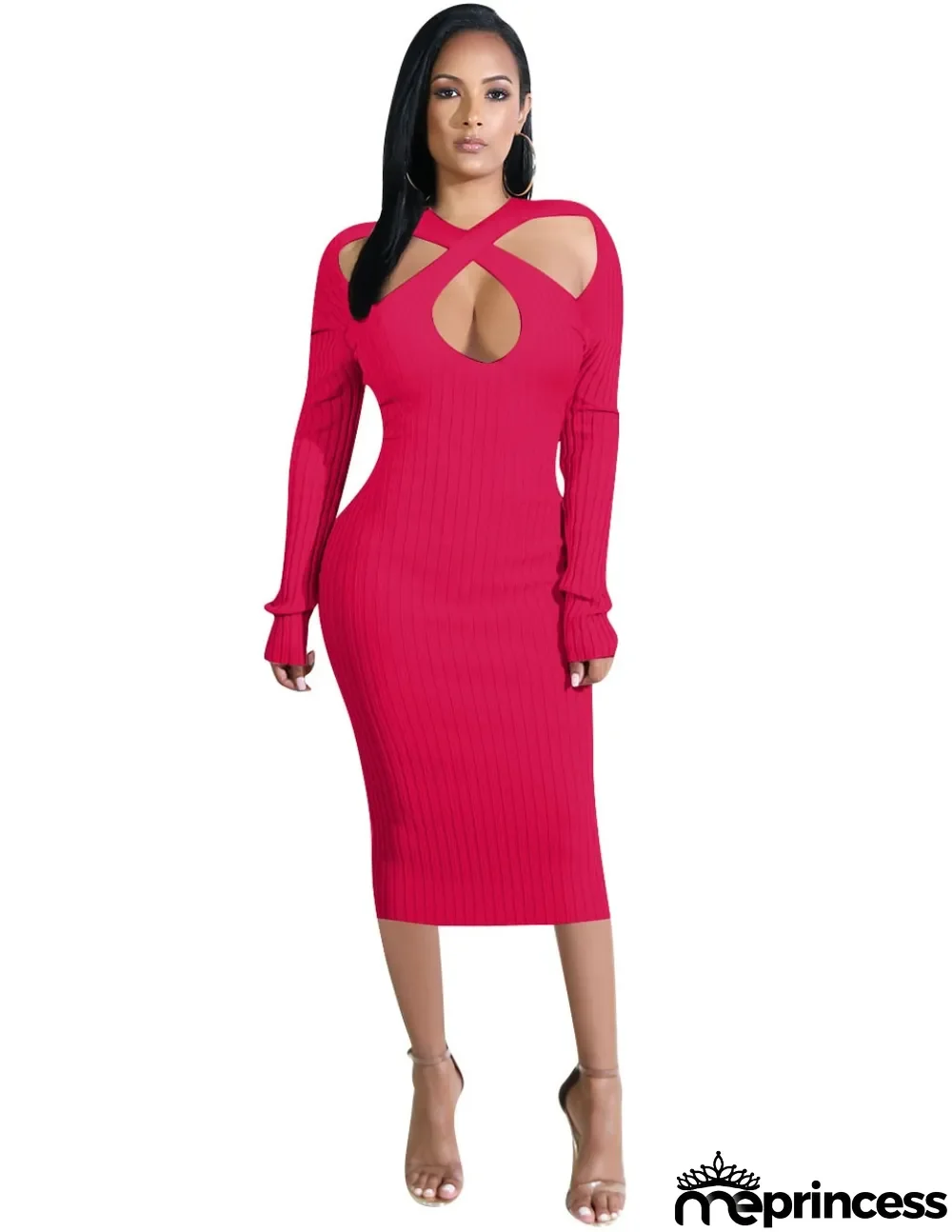 Autumn Cut Out Pink Knitted Midi Dress