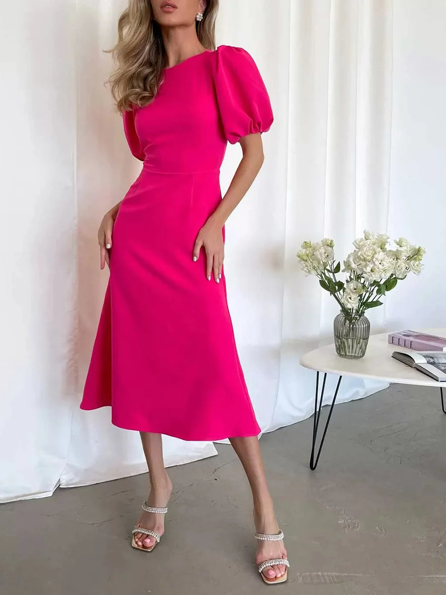 Simple High Waist Puff Sleeve Midi Dress