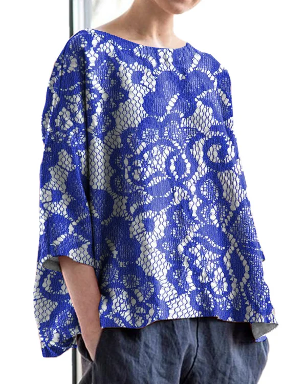 Vintage Floral Lace Embroidery Print Round Neck Linen Loose Top