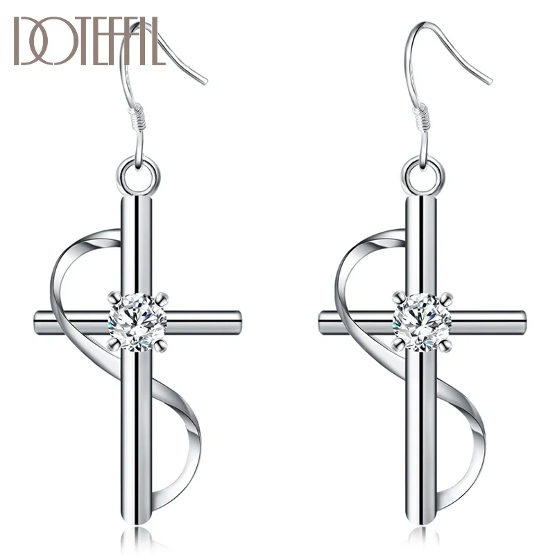 DOTEFFIL 925 Sterling Silver Cross Zircon Drop Earrings For Women Jewelry