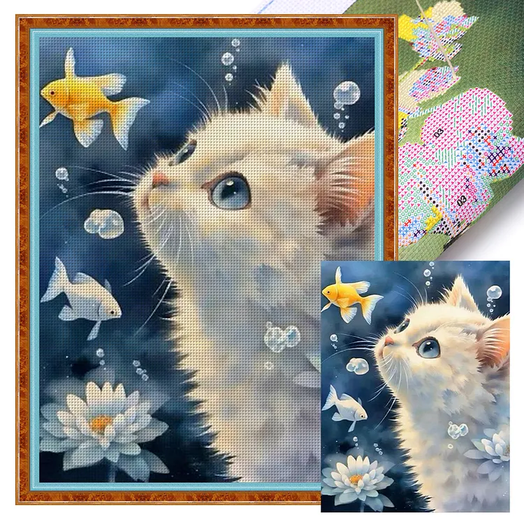 【Yishu Brand】White Cat Watching Fish (40*53cm) 11CT Printed cross stitch gbfke