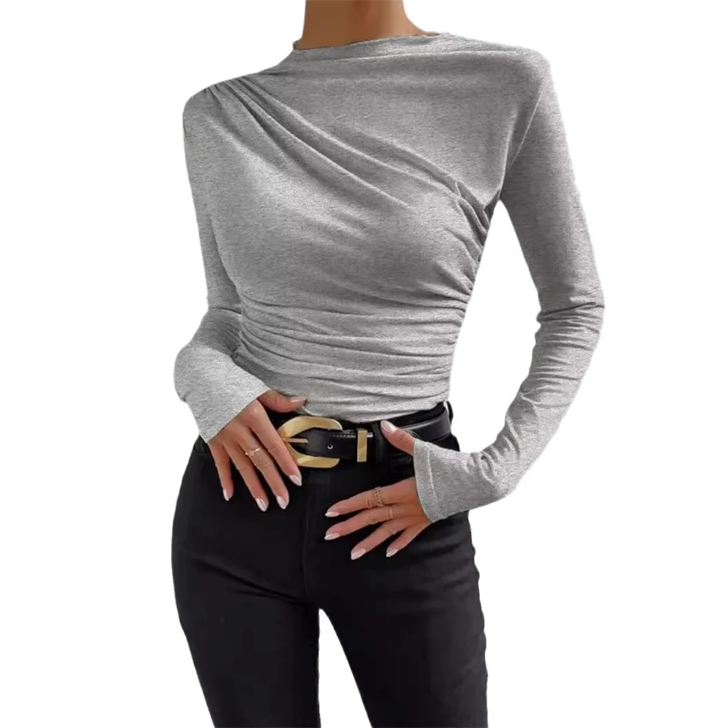 Uveng Uveng Solid Color Trim Bottom Shirt Folding Design Long-Sleeved T-Shirt Lady Top
