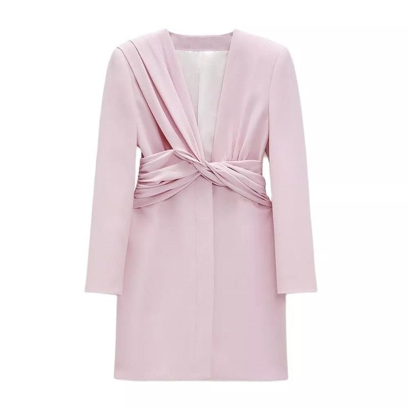 Stylish Chic Pink Cross Blazer Style Dress Women 2021 Fashion V-Neck Mini Dresses Female Elegant Vestidos
