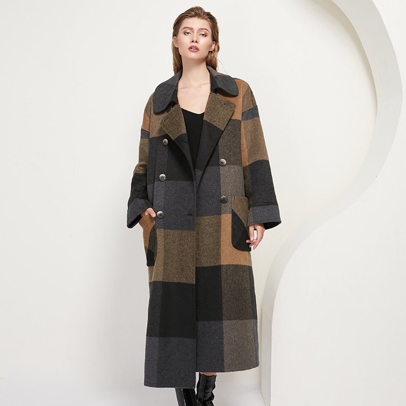 Aachoae Women Vintage Plaid Woolen Long Coat With Pockets Double Breasted Fashion Overcoat Female Batwing Long Sleeve Wool Coats