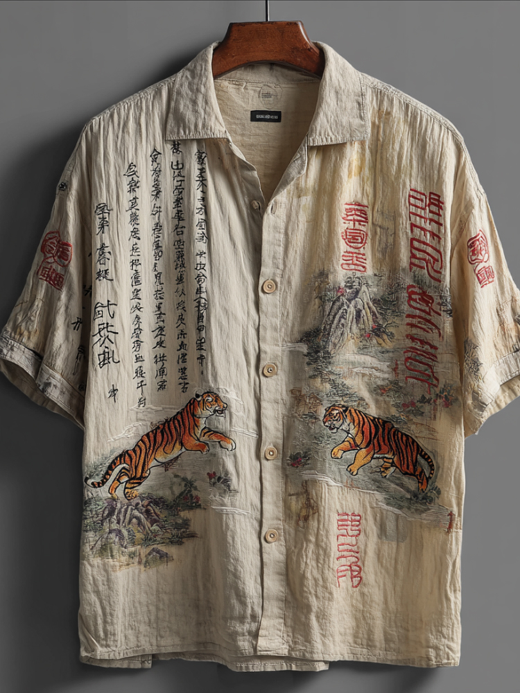 Comstylish Vintage Japanese-style Tiger And Calligraphy Embroidered Washed Short Sleeve Shirt