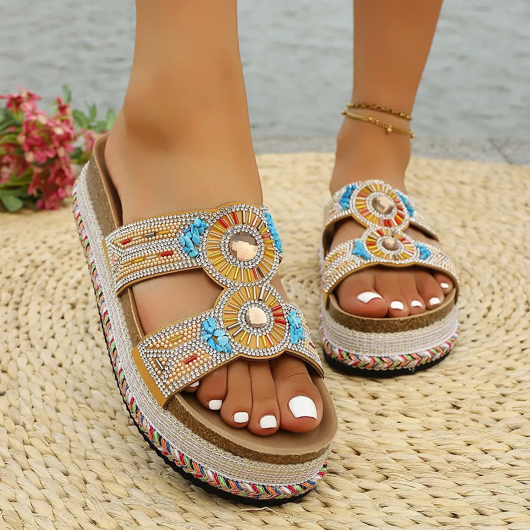 Breakj Breakj New Thick Bottom Rope Double Buckle Drill Softwood Beach Slippers Large Size Women's Shoes