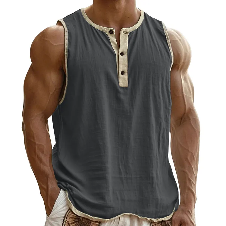 Men's Retro Color-blocked Cotton-linen Vest