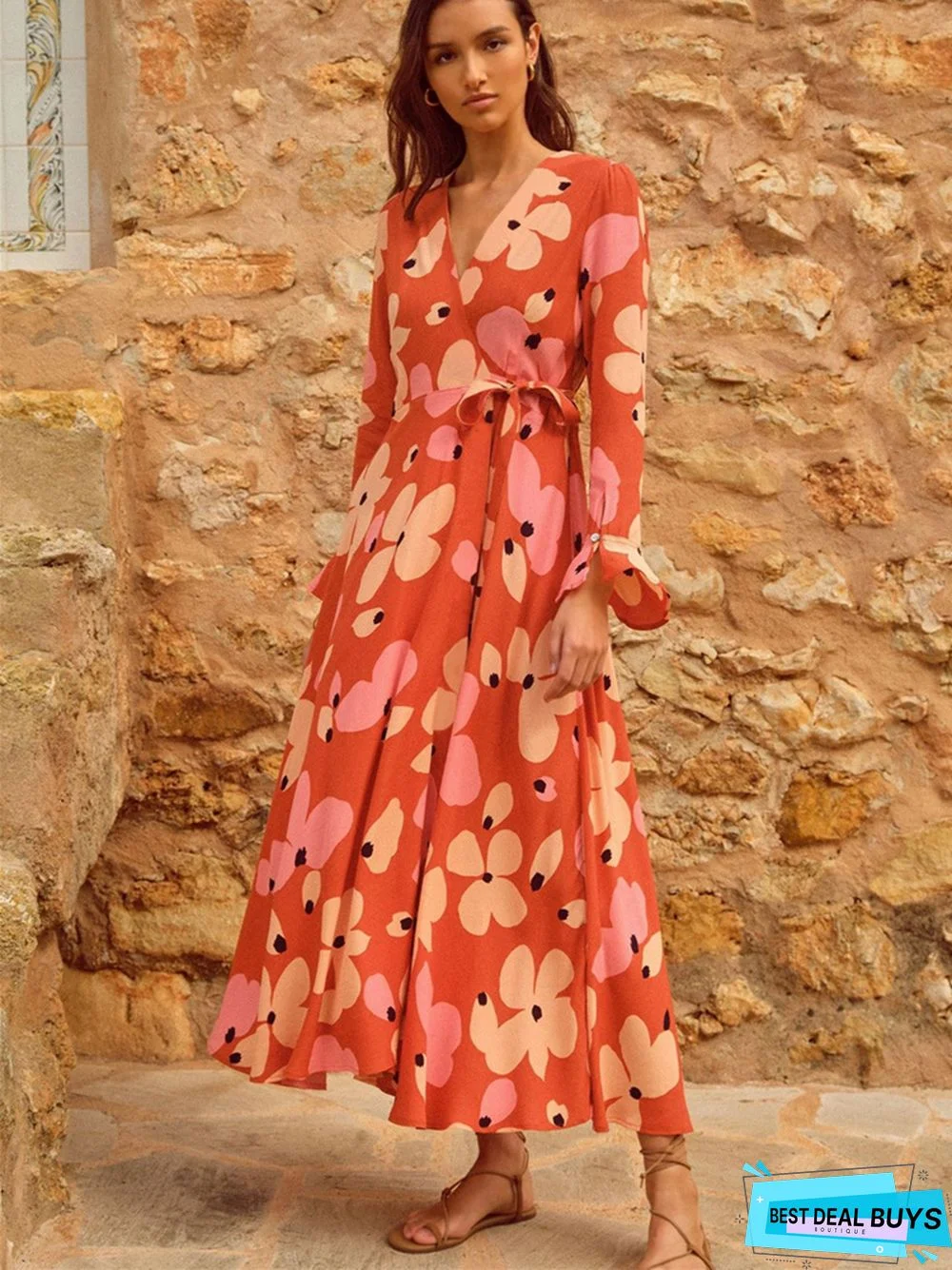 Temperament Commuter V-Neck Floral Long Sleeve Dress