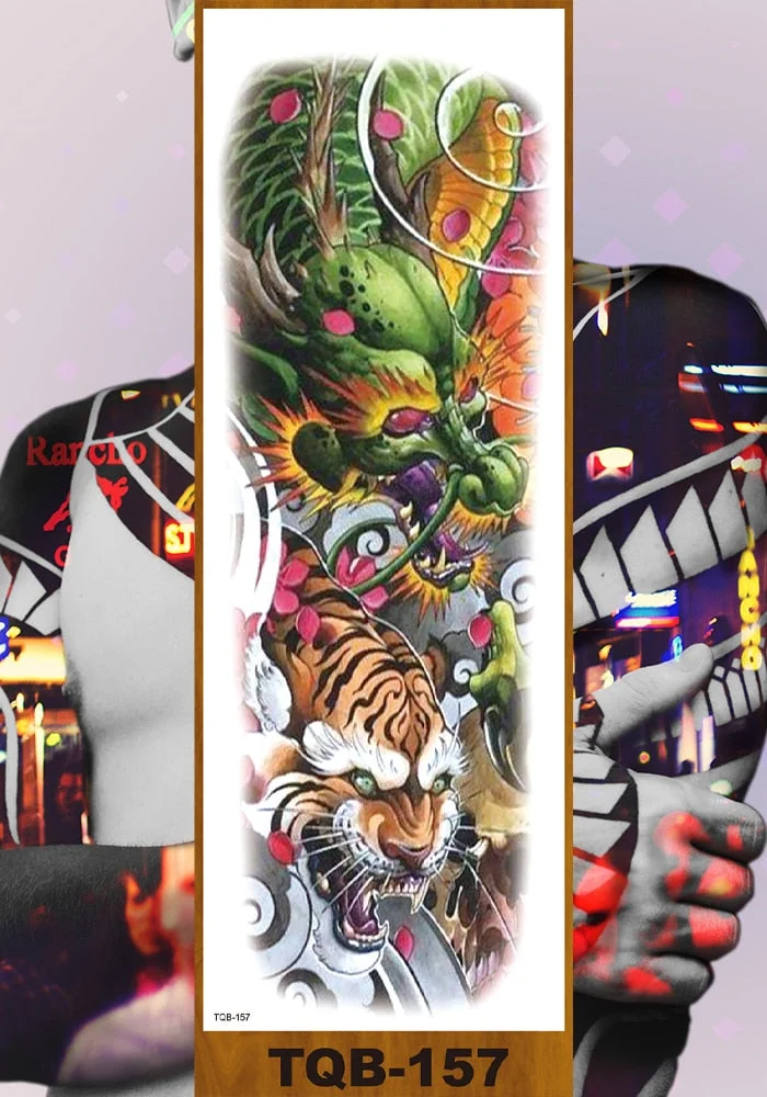 Full Flower Arm Temporary Tattoo Stickers Man Woman Adults Girls Body Sexy Fake Tatoo Dragon Tiger Mythical Beast Koi Skull DIY