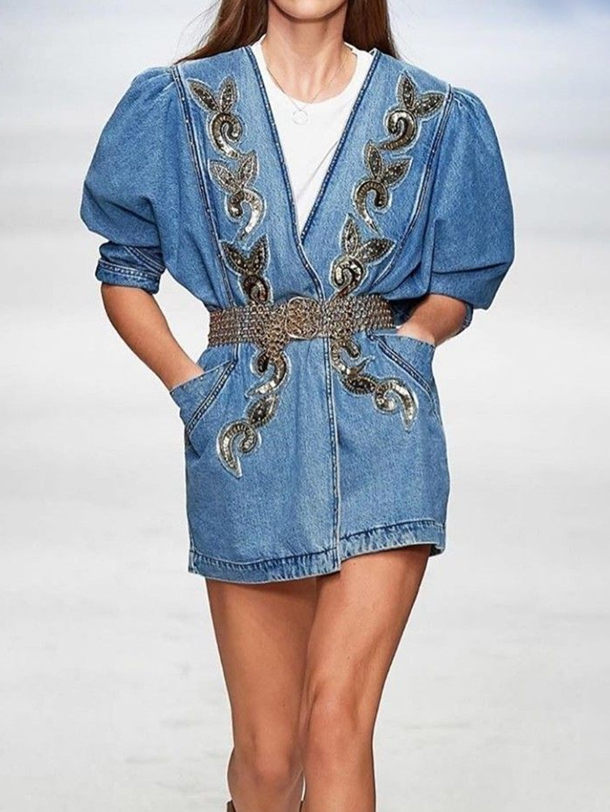 Fashion V Neck Puff Sleeve Pocket Denim Mini Dress