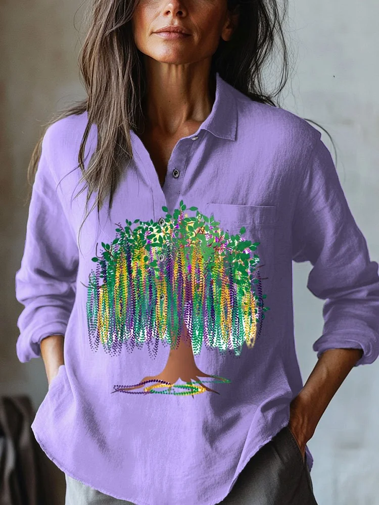 Women's   Mardi Gras  Art Print Casual Cotton And Linen Shirt