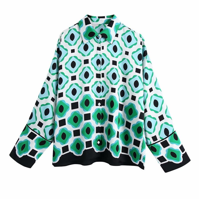 PUWD Casual Women Green Print Blouse Suit 2021 Spring Elegant Female Streetwear Pant Matching Sets Ladies Vinatge Geometry Suits