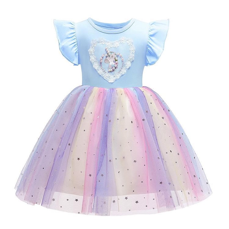 Girls Heart Lace Beaded Unicorn Star Sequins Rainbow Tulle Dress-Mayoulove