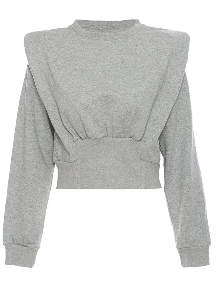 Woherb Personality Shoulder Pad Women's Sweatshirt New Round Neck Loose Long Sleeve Gray Short Pullovers Tide Autumn 2023 7YZ3074