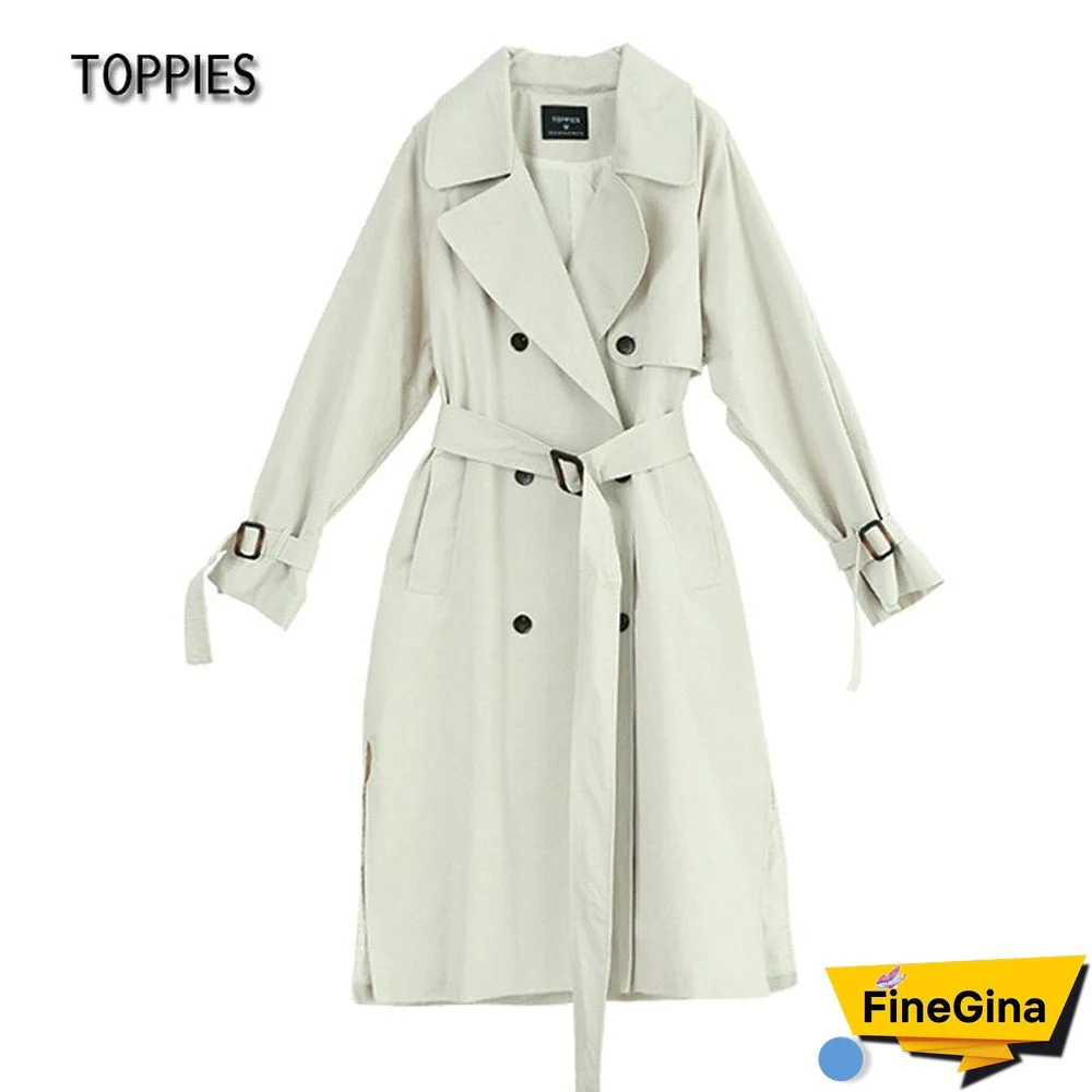 Toppies Long Trench Coat 100% Cotton Loose Oversized Women'S Trench Coat Double-Breasted Belted Lady Cloak Windbreaker