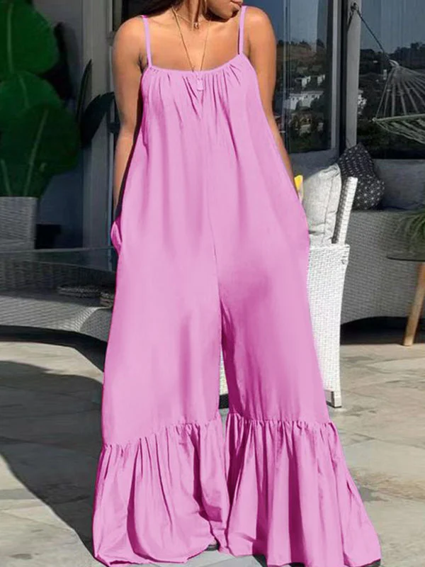 Loose Sleeveless Pleated Pockets Solid Color Split-Joint Spaghetti-Neck Jumpsuits