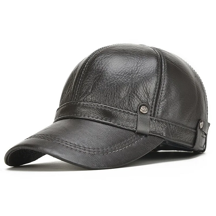 Male Genuine Leather Hat Cowhide Baseball Cap Ear Protection Mens Warm Thick Outdoor Baseball Cap Adjustable Size B-7128