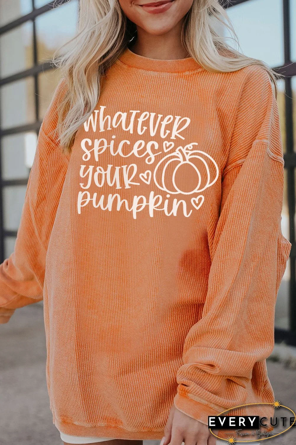 Orange Pumpkin Letter Print Oversized Corduroy Sweatshirt