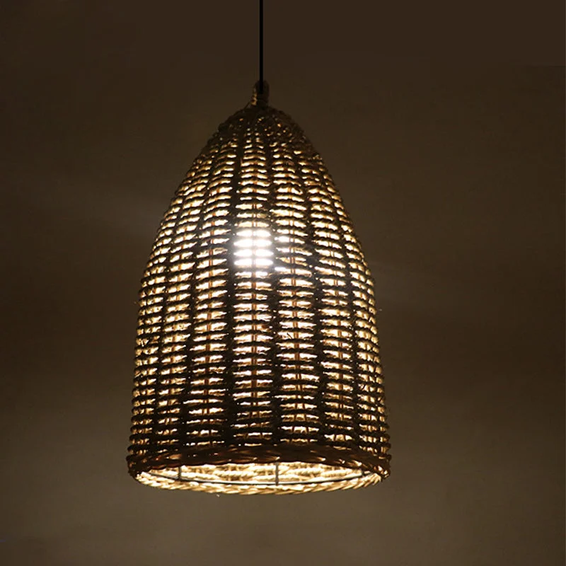 Rattan Bell Pendant Light Rustic Hanging Lampshade For Bedroom