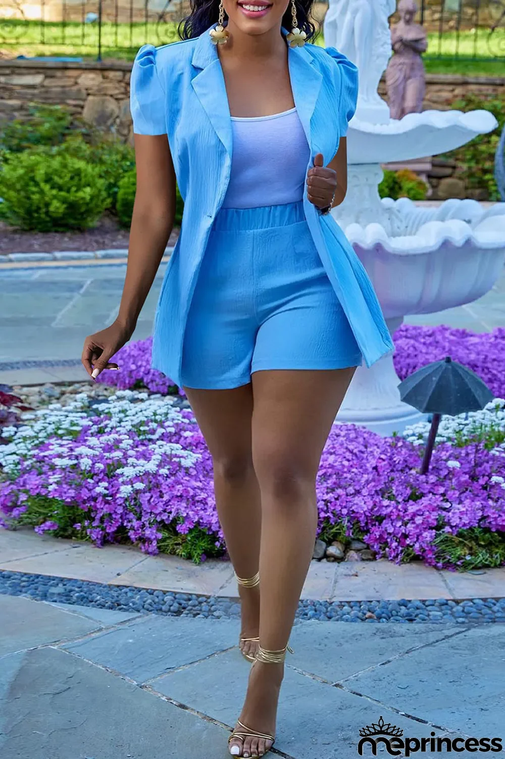 Yellow Casual Print Split Joint Turn-back Collar Short Sleeve Two Pieces