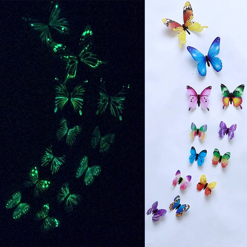 12pcs Luminous Butterfly Design Decal Art Wall Stickers Room Butterflies Home Decor DIY Stickers 3D Fridge Wallpaper Decoration