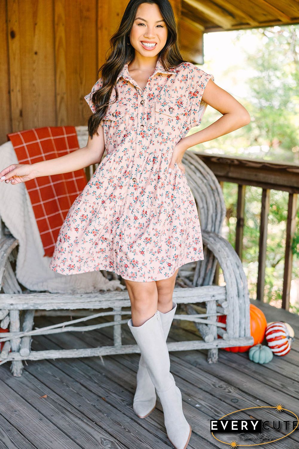 Pink Short Sleeve Flap Pockets Shirt Floral Dress