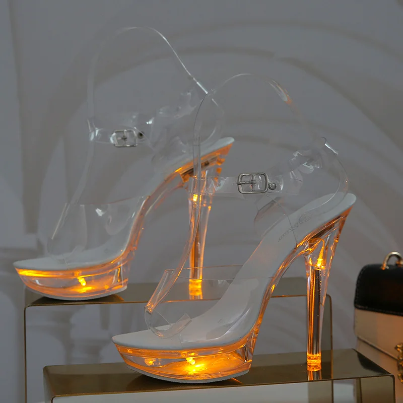 Qengg Qengg 34-43 Sexy Super High Heels Luminous Thin Heel Waterproof Platform Sandal Transparent Model Crystal Shoes Wedding Shoes