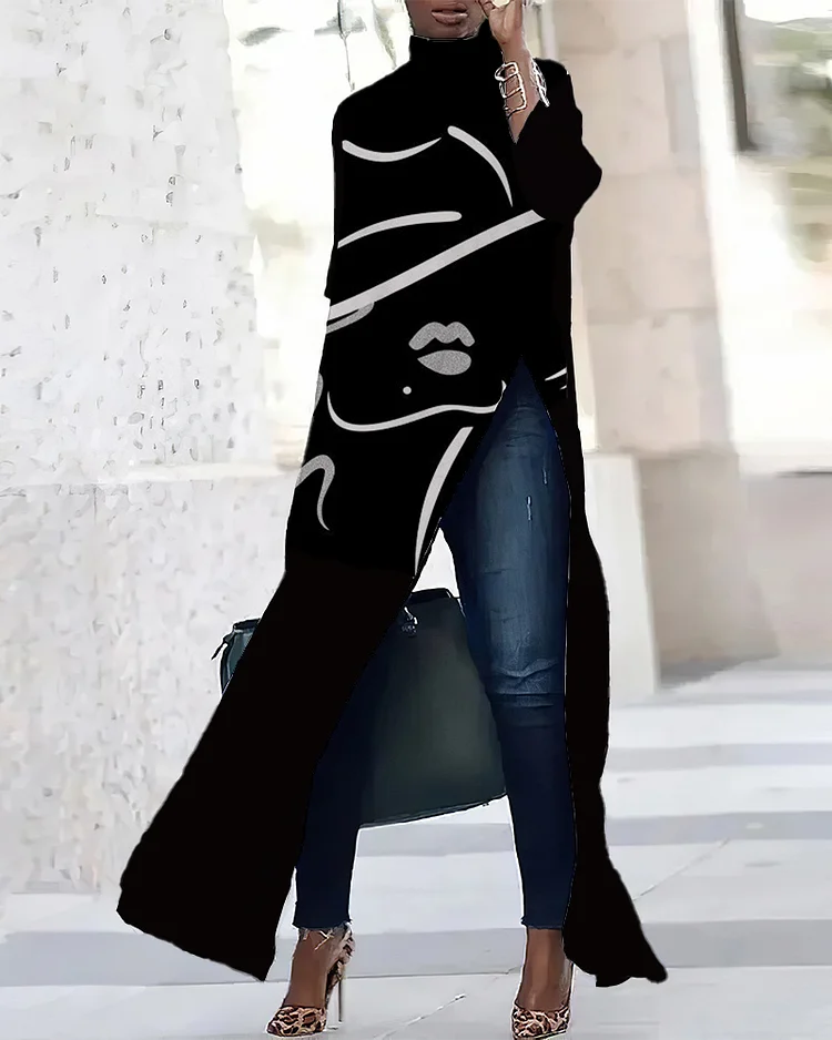 Personalized Line Drawing Art Print Three-quarter Sleeve Slit T-shirt Dress