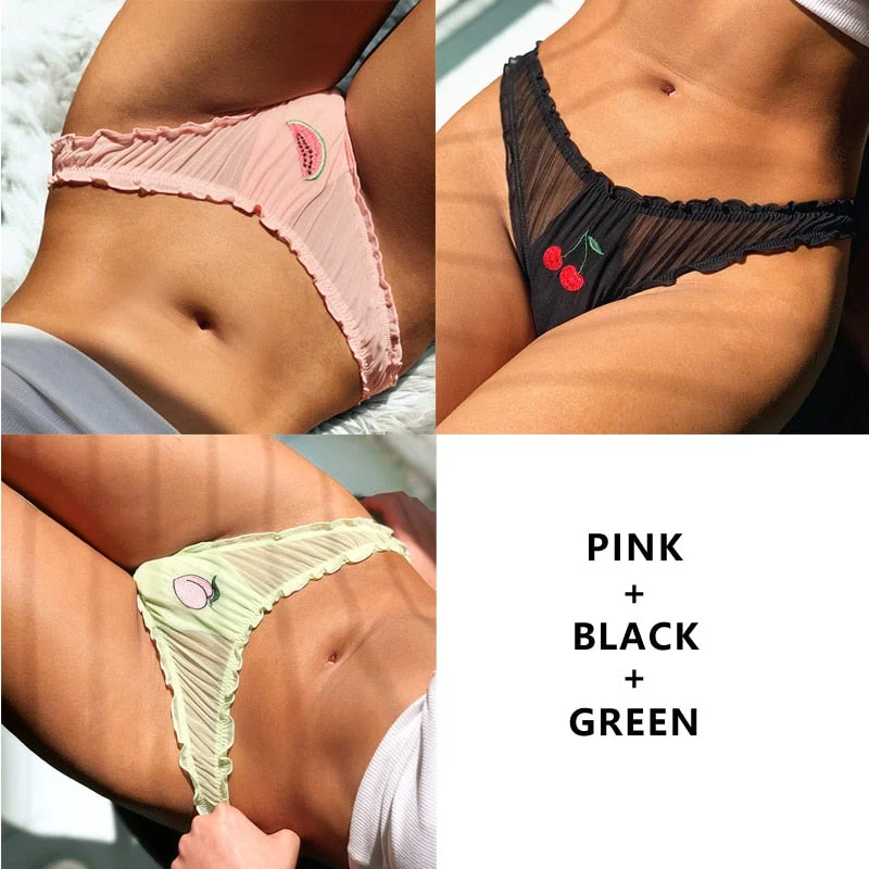 TERMEZY 3 PCS Women Sexy Lace Lingerie Temptation Low-waist Panties Fruit Ins Embroidery Transparent Briefs Seamless Underwear