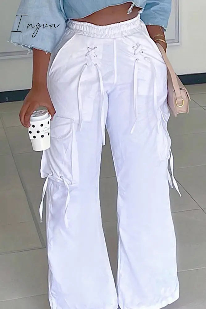Ingvn - Casual Solid Patchwork Draw String Pocket Cross Straps Straight High Waist Color Bottoms