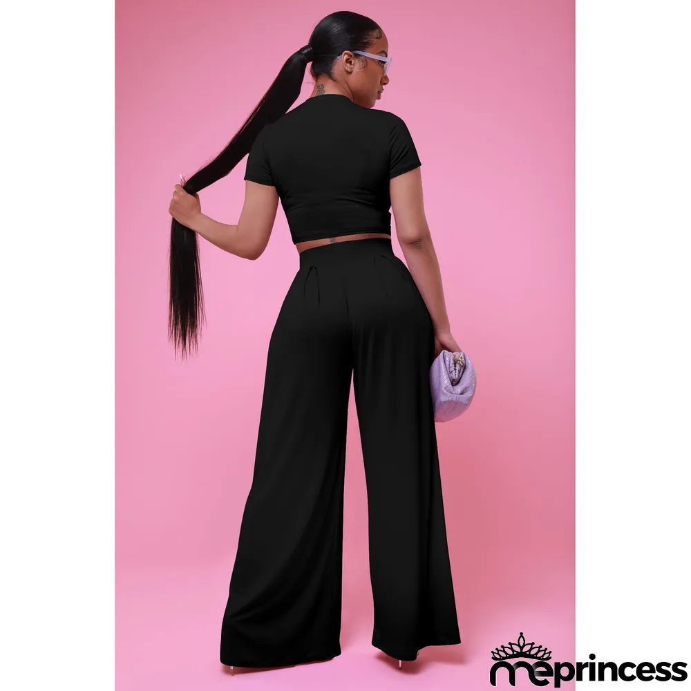 Casual Solid Short Sleeve Wide Leg Pant Two Piece Set