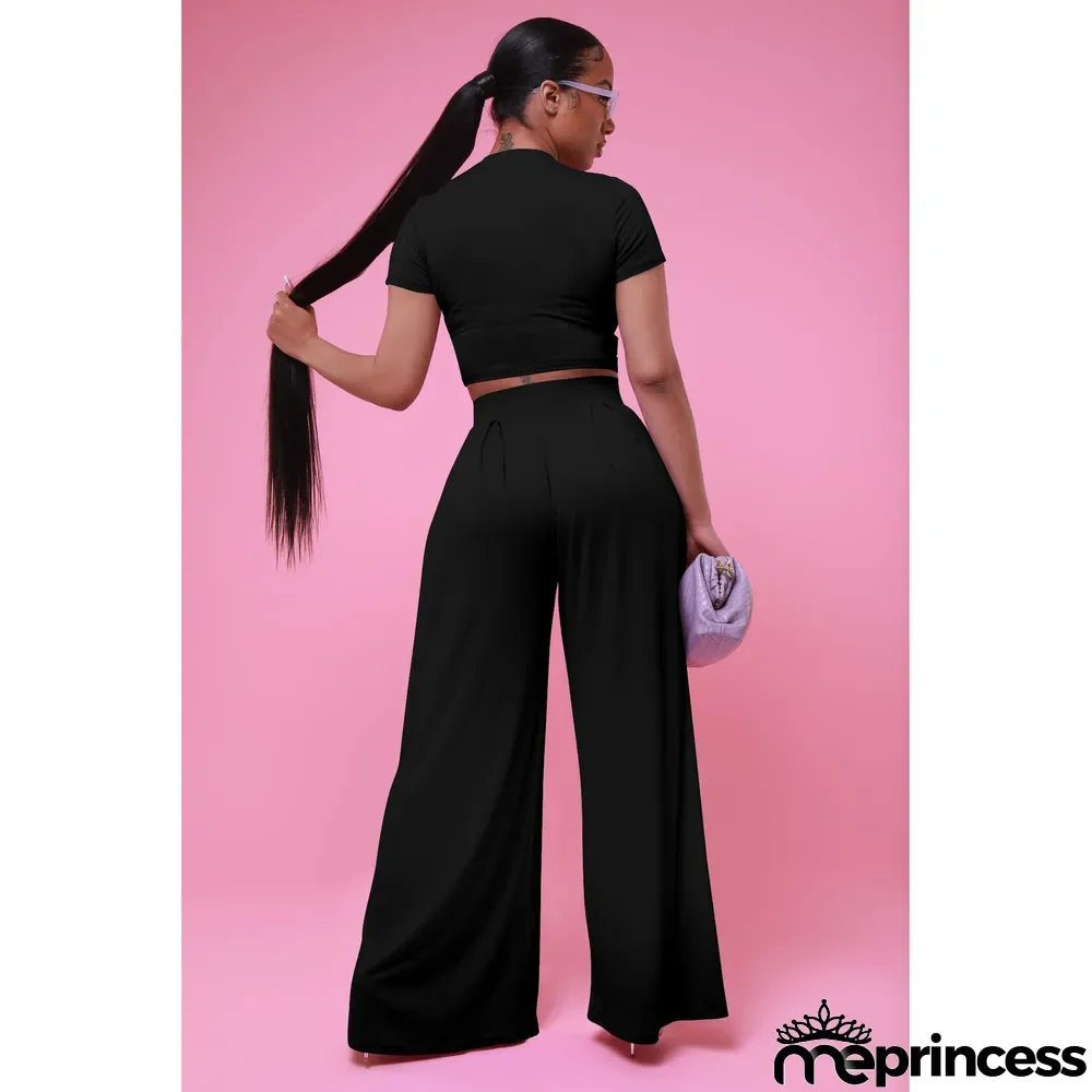 Casual Solid Short Sleeve Wide Leg Pant Two Piece Set