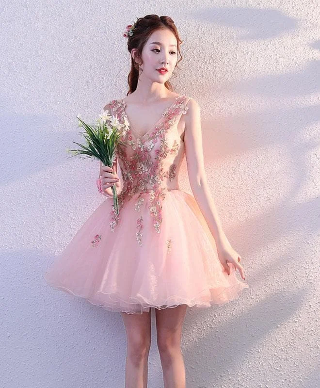 Pink V Neck Tulle Short Prom Dress, Homecoming Dress