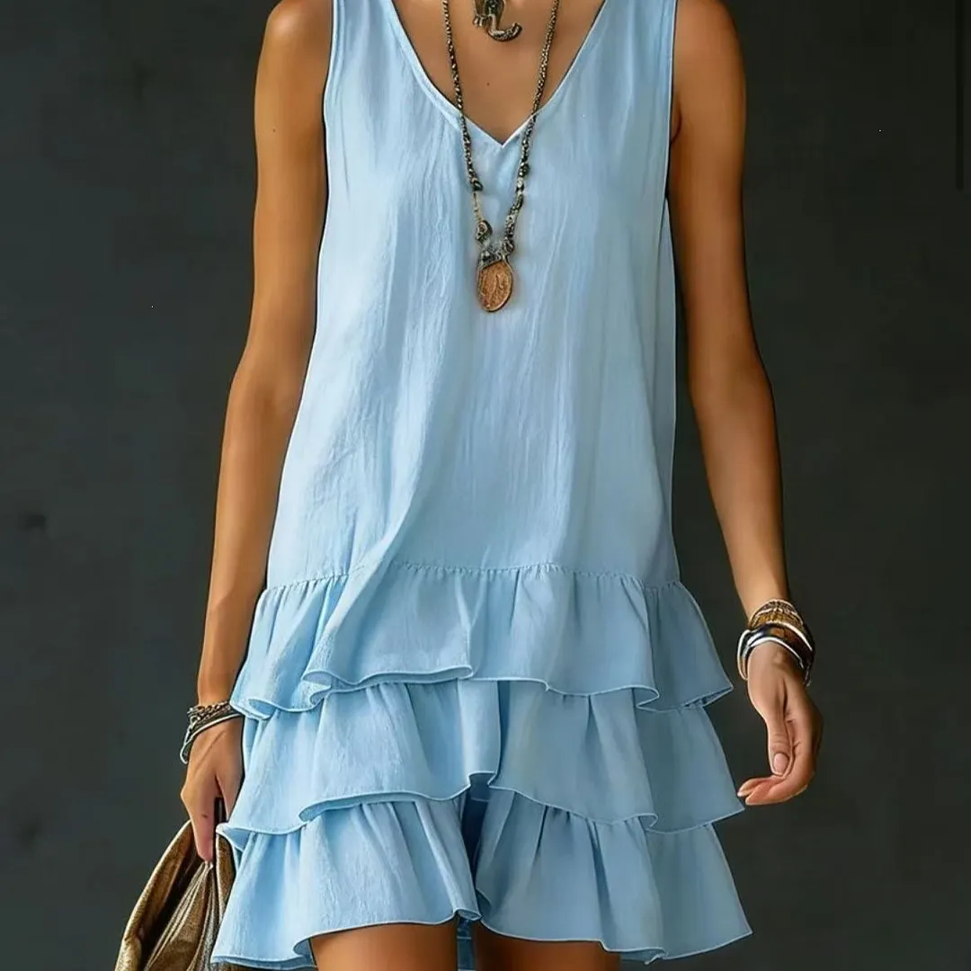 Women&rsquo;s Sleeveless V-Neck Loose Tiered Ruffle Hem Solid Casual Mini Dress