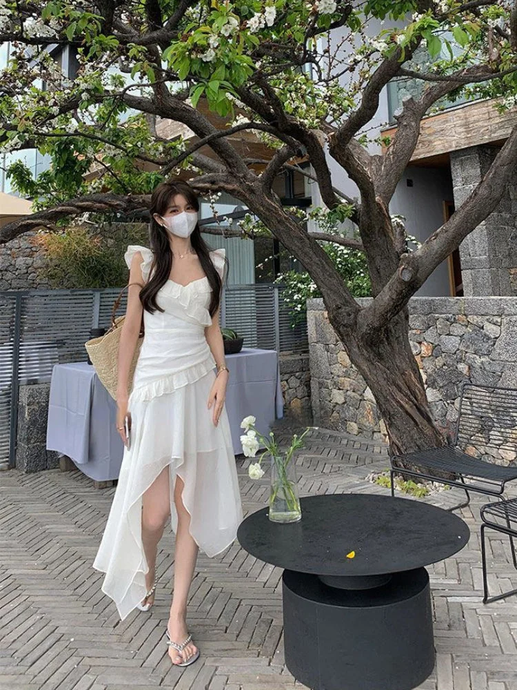 Lourdasprec   Korean Fashion White Dress Women Y2k Aesthetic Fairycore Ruffles Irregular One Piece Tunic Midi Formal Dresses Summer
