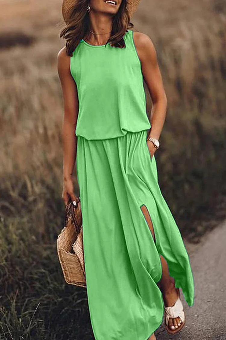 Sleeveless Solid Color Round Neck Side Pocket Slit Casual Maxi Dresses