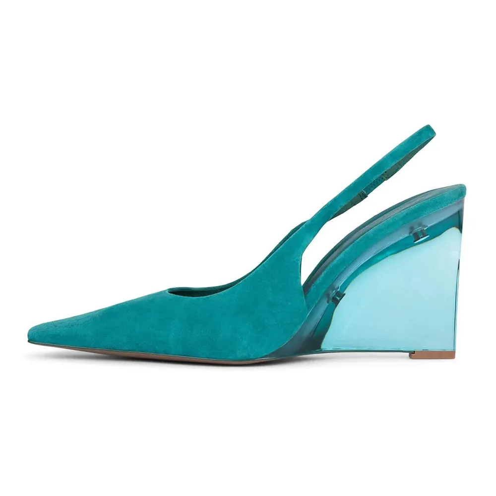 Turquoise Pointed Toe High Heel Slingback Wedge Pumps for Women