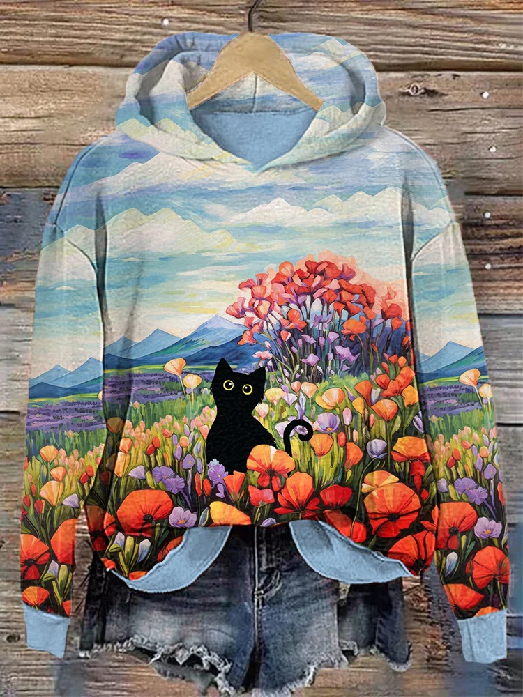 Wearshes Poppy Flower & Black Cat Art Painting Casual Cozy Hoodie